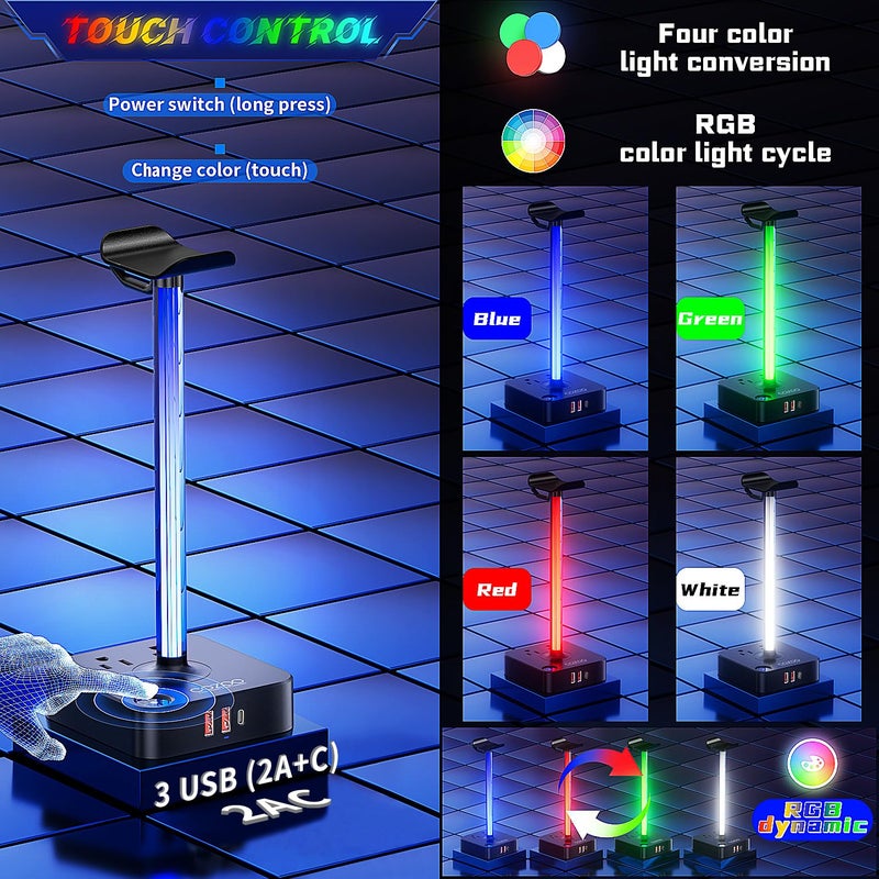 cozoo RGB Headphone Stand with USB Charger COZOO Desktop Gaming Headset Holder Hanger with 3 USB Charger and 2 Outlets - Great for Gaming, DJ, Wireless Earphone Display,Gamer PC Accessories Boyfriend Gifts - Image 2